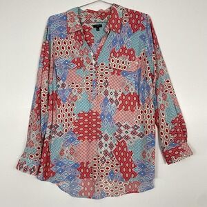 Talbots Blouse Womens 1X Multicolor Geometric Roll Tab Sleeve Tunic Top Rayon
